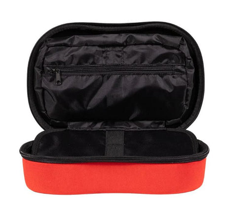 Black and red travel case with open lid on a white background