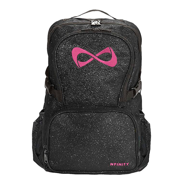Nfinity Black sparkle backpack uk with a pink logo 